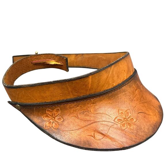 VTG Leather Hand Tooled Floral Sun Visor Brown Boho Hippie 70s Festival Western - Picture 1 of 16
